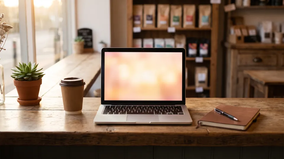 A laptop glowing on a small shop counter, next to a coffee and a notebook
