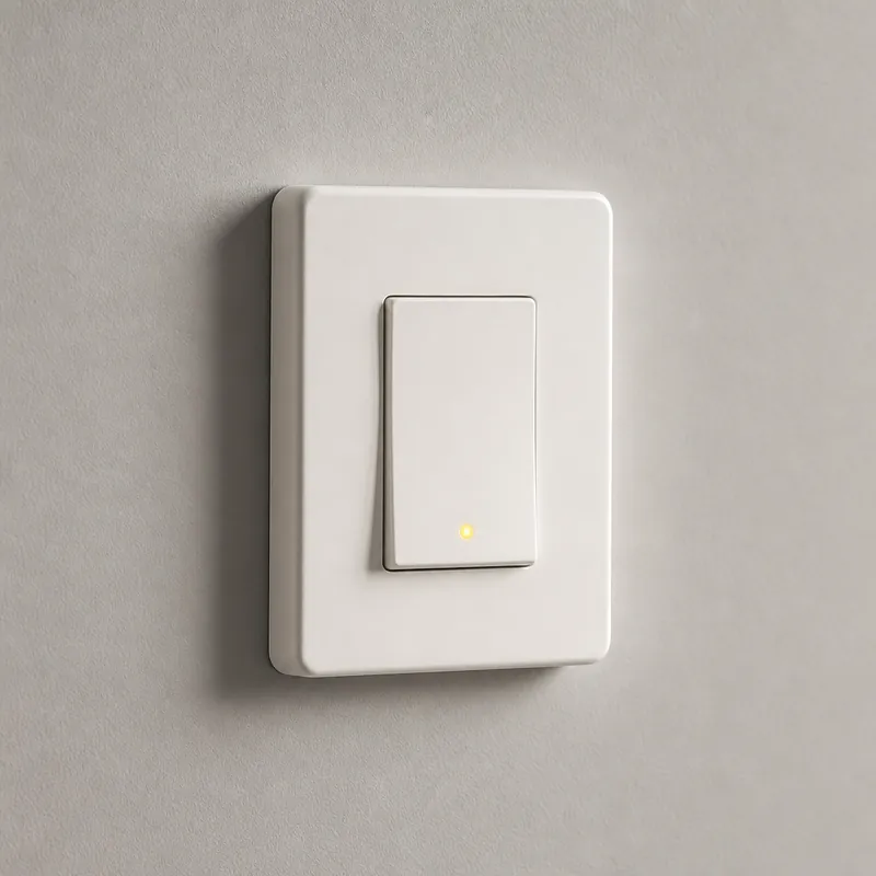 A white light switch flicked on, with a small yellow light glowing
