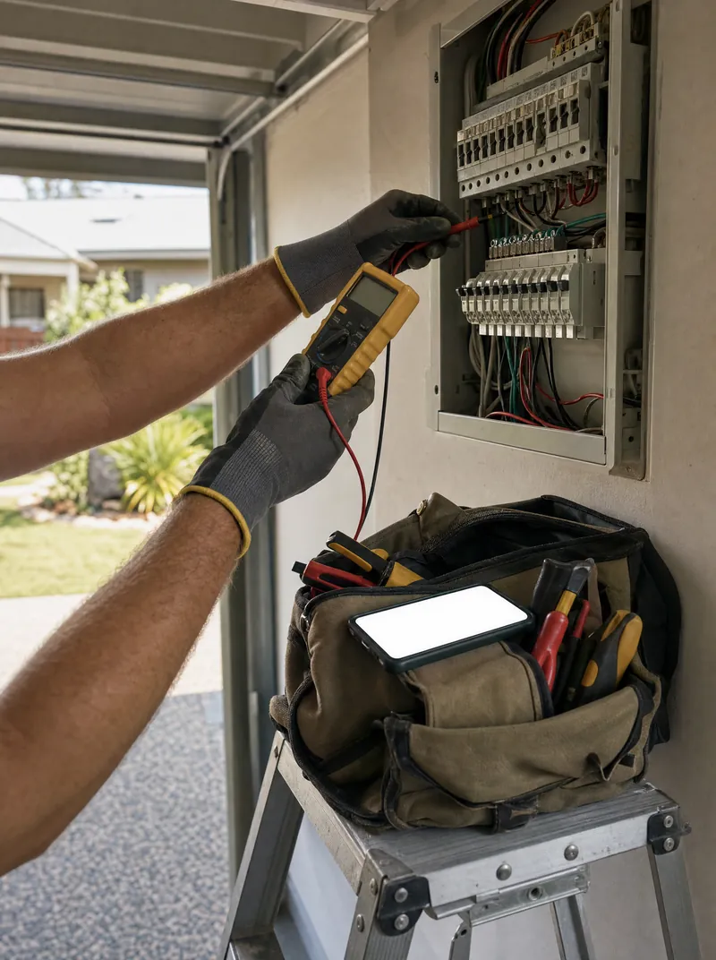 An electrician testing a switchboard, with a phone lit up on the tool bag