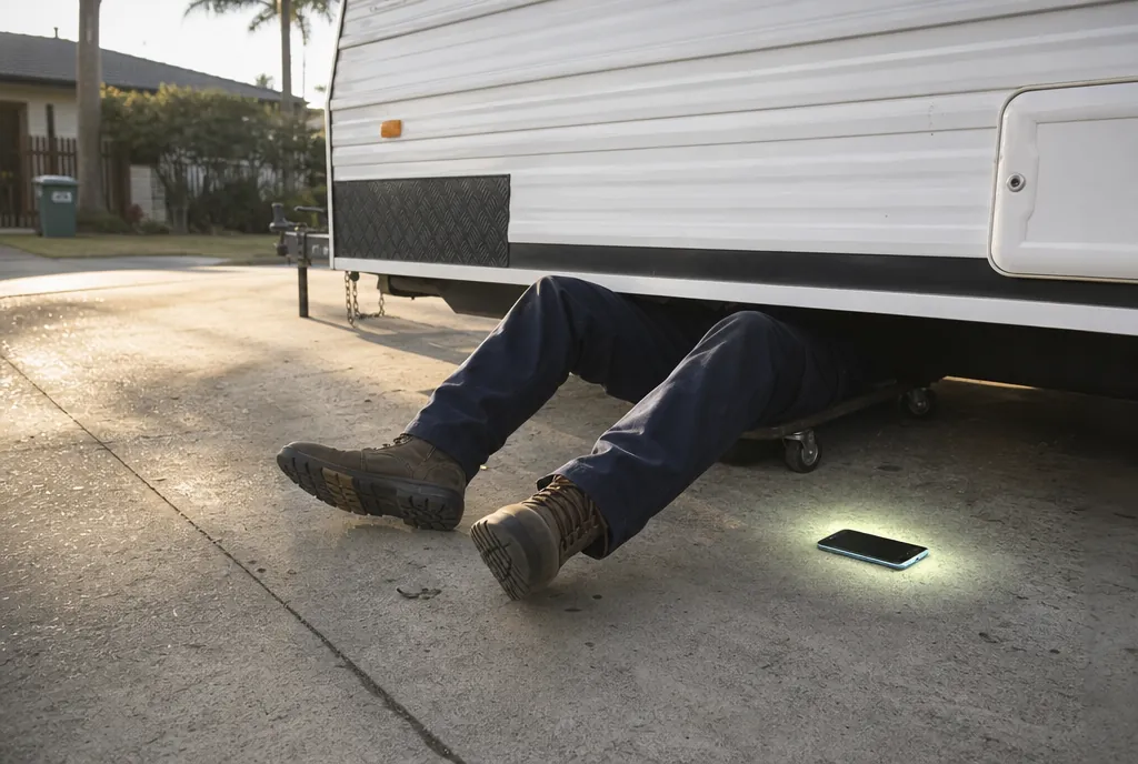 A mechanic under a caravan on a driveway while his phone lights up on the concrete
