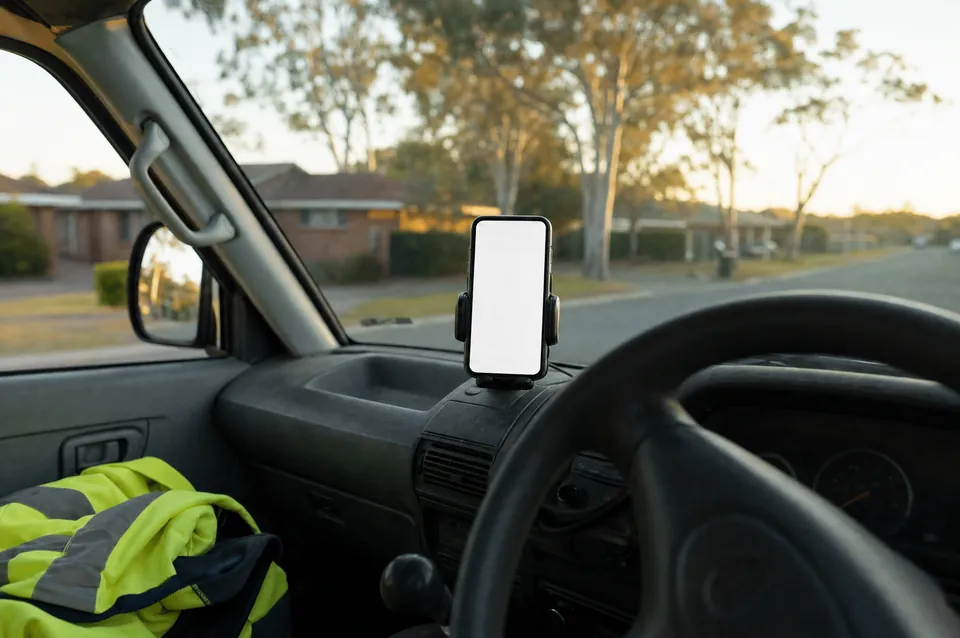 A phone lit up with an incoming call in a work ute parked on a suburban street